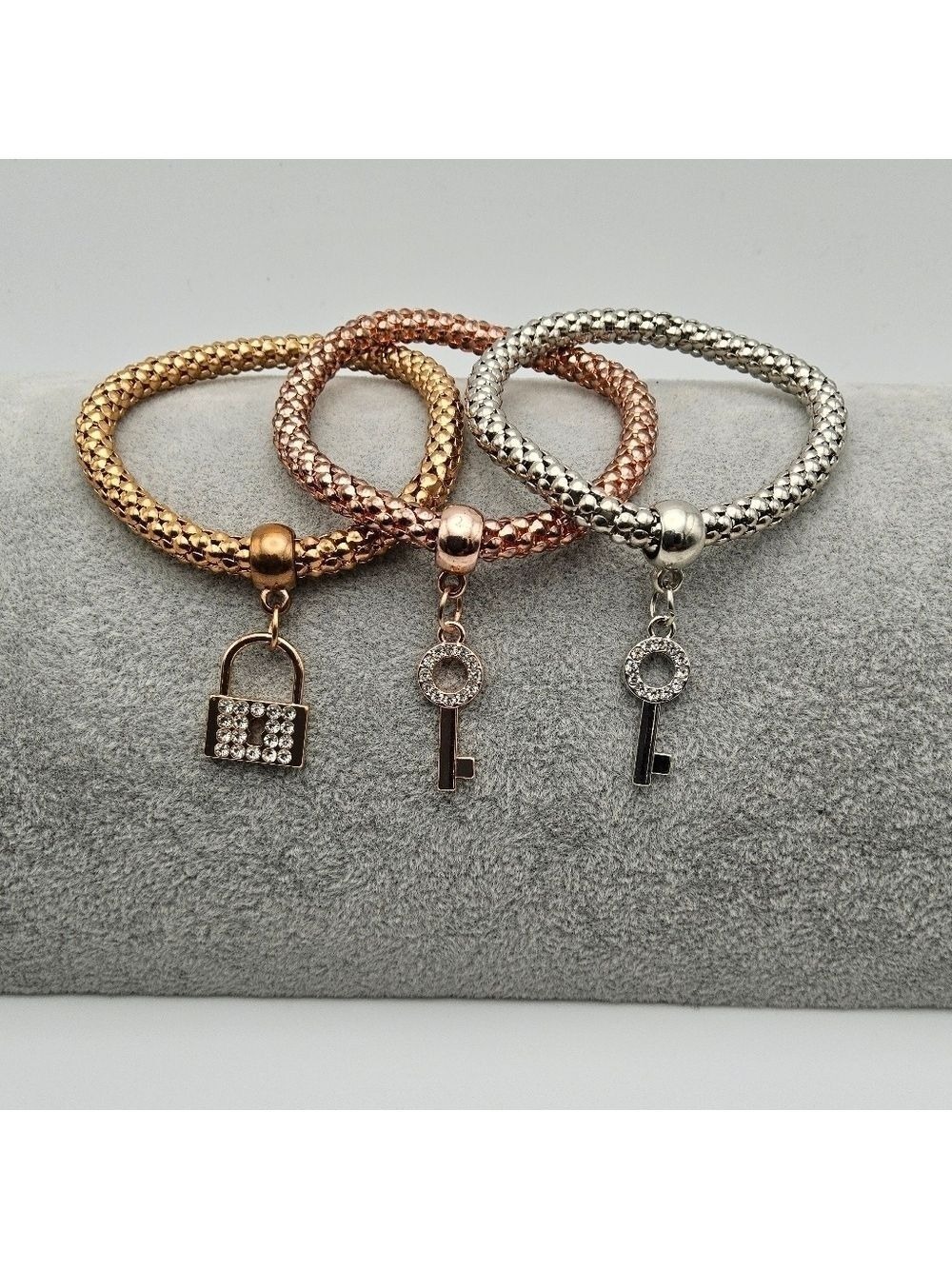 Gold, Rose Gold, and Silver Lock and Key Charm Bracelets, Stretchy Design